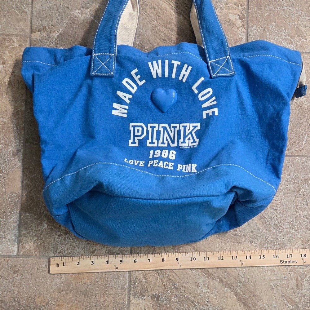 Victoria's Secret PINK Blue Canvas Tote Bag Made With Love 1986 Zip Top - Picture 4 of 13